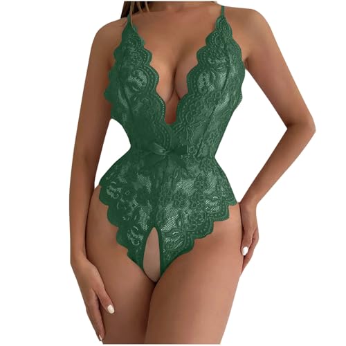 Women One Piece Lingerie Sexy Lace Harness Bodysuit Lingerie Teddy Babydoll Spaghetti Strap Onre Piece Nightgown Green 3XL