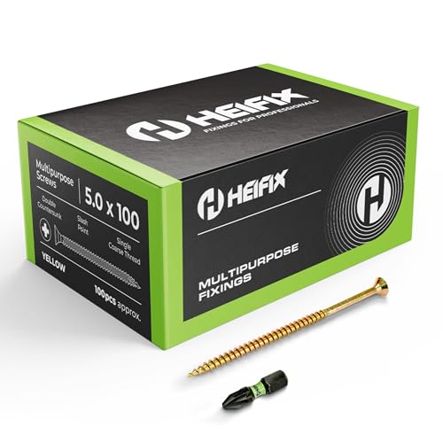 Heifix Multi-Purpose Wood Screws - FREE Screw Bit Included (QTY 100, 5mm x 100mm) Pozi Double Countersunk