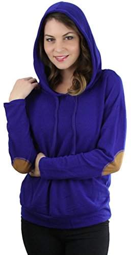 ToBeInStyle Women's L.S. Suede Elbow Patch Drawstring Hoodie - Royal - Large