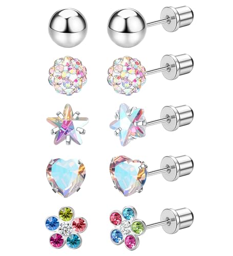 MJust 5 Pairs Titanium Screw Back Earrings for Women Hypoallergenic ScrewBack Earrings for Sensitive Ears Pearl Heart Star Flower CZ 20G Pure Titanium Earrings Studs