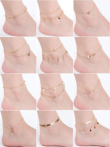 Hicarer 16 Pieces Boho Ankle Bracelets Beach Anklets Foot Chains Adjustable Foot Hand Jewelry Romantic Gift For Women Girls (Gold, Leaf, Heart, Star) #TOP2