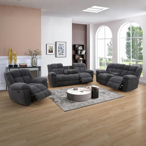SIENWIEY Manual Recliner Sofa Set for Living Room Furniture Sets，Corduroy Reclining Sofa Set with Fabric 3 Seater Couch，2 Seater Loveseat，Single Recliner，Dark Grey