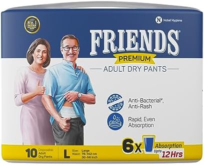 Friends Premium Adult Diaper L Size Pants | 10 Count (Large) | Waist 30-56 inch |12 Hrs Protection | Leakproof | Quick & Even Absorption | Unisex| Wetness Indicator | Odour Lock | Superior Softness | Elastic Waist & Anti-Bacterial Absorbent Core