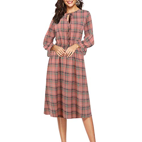 DQANIU Frauenkleid, Mode Frühjahr/Herbst Frauen V-Ausschnitt Langarm lässig elegant Gitter gedruckt Riemchen Party Strandkleid Cover