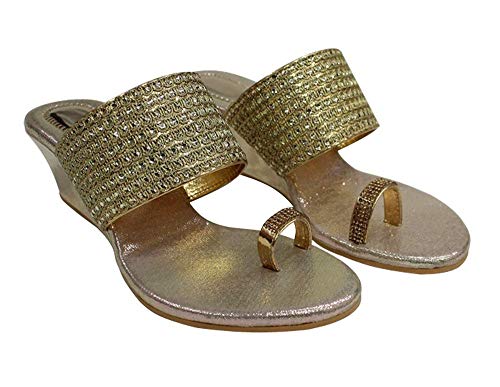 Stop n Style Gold Ethic Sandal Traditional Indian Shoes Handmade Wedge Heel Ladies2