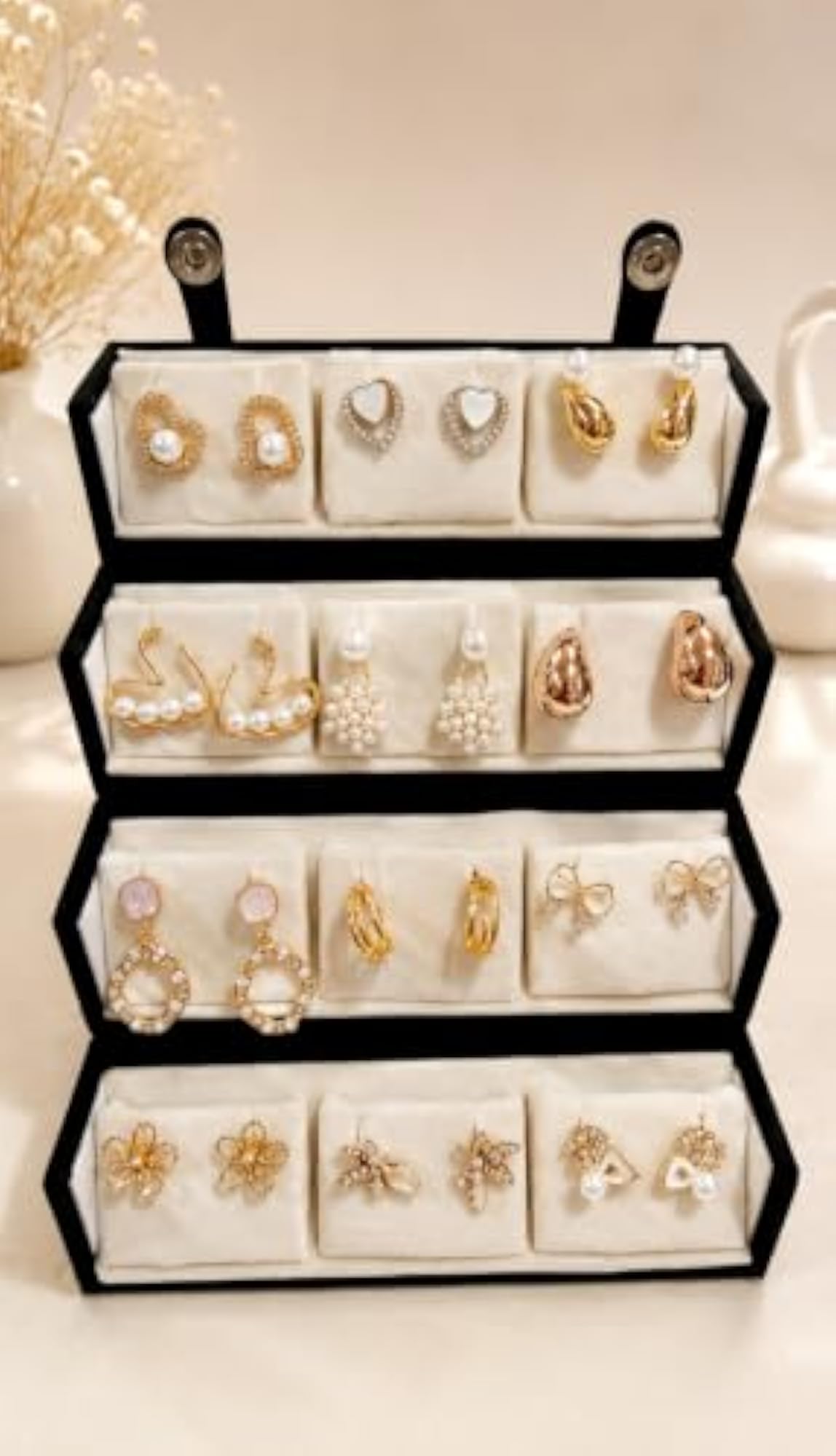 Velvet Earring Organiser Box with 4-Layer Foldable Trays, Black