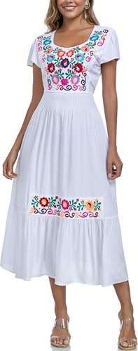 Image of Women's Summer Maxi Dress Casual Floral Embroidered Round Neck Short Sleeve Ruffle Tiered Dress Flowy Boho Beach Sundress