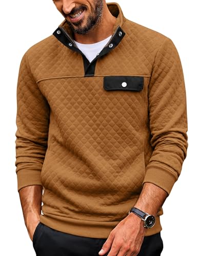 COOFANDY Quilted Sweatshirts for Men Quarter Button Pullover Sweatshirt Stand Collar Outdoor Polo with Pockets, Light Brown, XXL