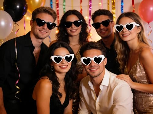 RoyalChic 12 Herz Sonnenbrille Partybrille Set DIY Herzbrille mit 2 Stift, Sonnenbrille Hochzeit JGA Brillen Hippie Herzförmige Brille Herzform Brille für Party Hochzeit Karneval Halloween (12, Weiß)
