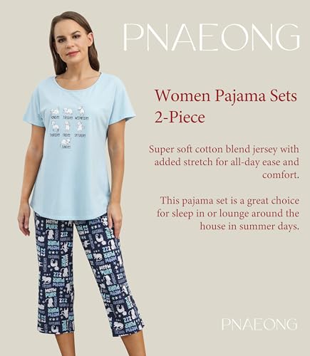 Image of PNAEONG Women Pajama Set Sleepwear Tops with Capri Pants Casual and Fun Prints Pajama Sets
