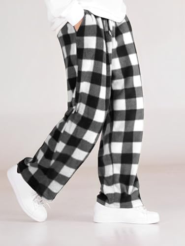 ZAFUL Men's Plaid Print Casual Pants Loose Fit Straight Plush Pajama Pants Fleece Sweatpants Drawstring Waist Lounge Joggers4