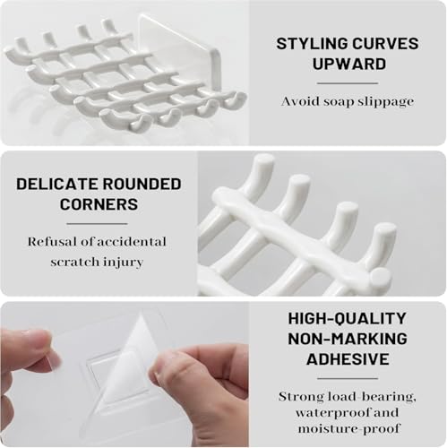 Image of Self Adhesive Soap Holder for Bathroom Wall | Plastic Soap Stand with Drain Tray | Wall Mounted Soap Dish | No Drilling Bathroom Soap Holder (02 Grid White Soap)