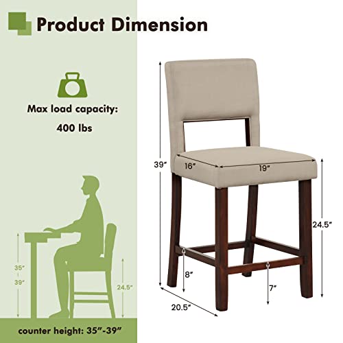 Image of COSTWAY Bar Stools Set of 4, Linen 24.5 Inch Counter Height Chairs with Hollowed Backs, Rubber Wood Legs, Upholstered Barstools for Kitchen Island Home Bar Pub Dining Room, Beige