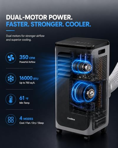 Image of Coolblus Portable Air Conditioners 16000 BTU, Wi-Fi Smart Portable AC Unit for Room Up to 750 Sq.Ft, 3 in 1 Quiet AC with Cool /Dehumidify /Fan, Window Kit, Black-16000BTU-WIFI