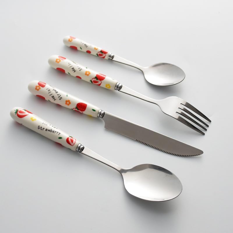 Flatware Silverware Set, 4/16/24/32/40/48pcs Cartoon Cute Spoons Creative Ceramic Handle Knife Fork Spoon Household Stainless Steel Tableware Strawberry, Tableware Cutlery Set(16 Piece set fo