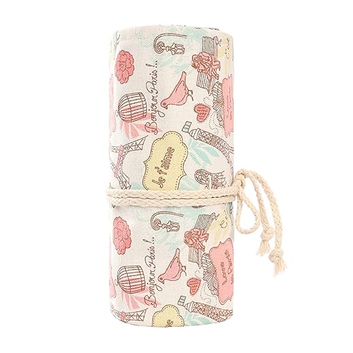 Image of Surblue Canvas Pencil Case Pencil Roll Wrap with 72 Slots Coloring Pencil Holder Organizer Paint Brush Storage Pouch Portable for Artist, Writer (Beige Rose