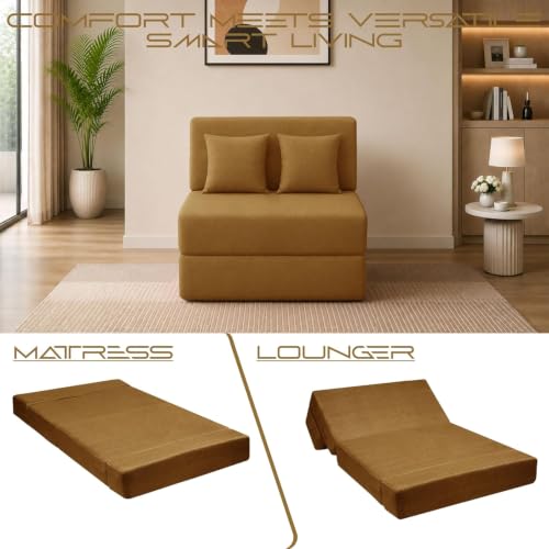 Image of Los Angeles Foldable One Seater Sofa Cum Bed, Sofa Bed 3 X 6 Feet Jute Fabric Washable Cover- Including Two Cushion Perfect for Living Room & Office - Golden Color