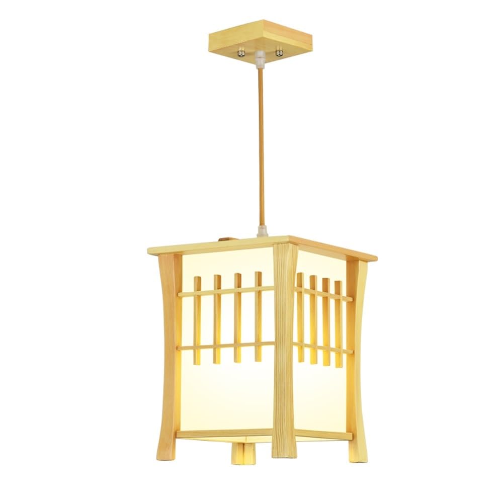BLOOHK Japanese Wooden Pendant Light, Japandi Square Wood Lantern Chandelier, Grid Hanging Lamp for Dining Room, Tea Room, Bedroom, Asian Restaurant Decor
