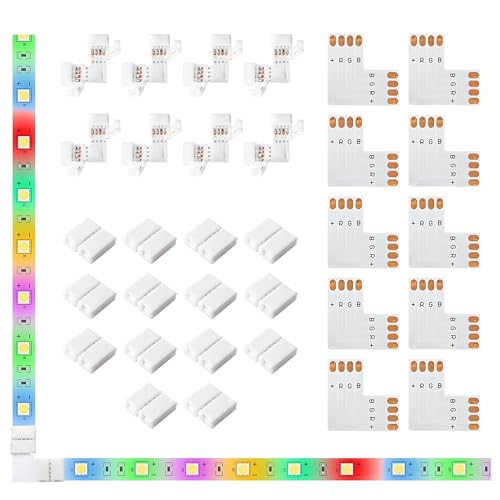 JACKYLED 20Packs L Shape 4-Pin LED Connectors with 22Pcs Clips 10mm for Strip Lights - 10mm 4pin