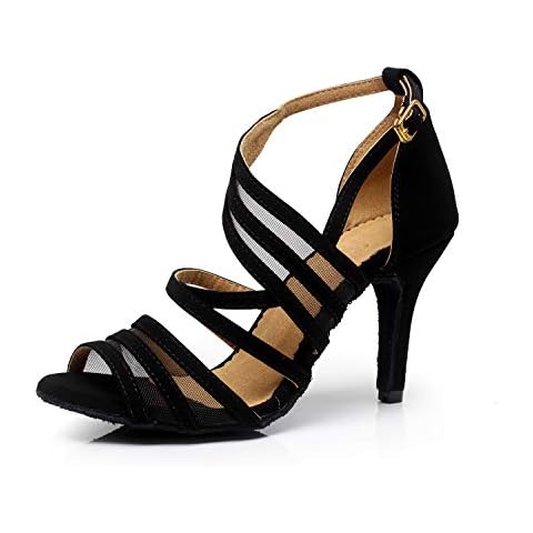 Goettin Ballroom Dance Shoes Women Latin Salsa Bachata Performance Dance Shoes Women Heel Sandals Suede Sole Net Party Wedding Fashional Buckle Shoes Black 3.35 inch high Heel (Numeric_6) Cover