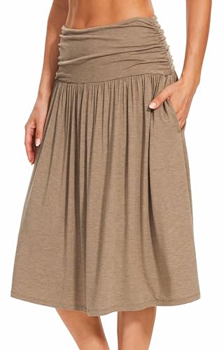 GYS Bamboo Viscose Skirts for Women Knee Length Flowy Ruched High Waist Knit A-Line Casual Summer Skirt with Pockets