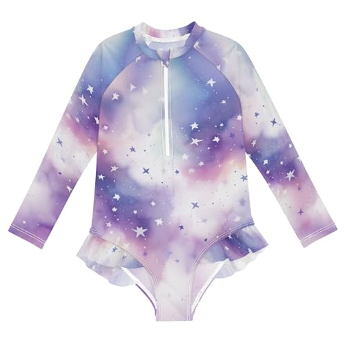 ALAZA Swimsuit for Girls Long Sleeve Rashguard Bathing Suit Star Purple Watercolor Quick Dry 4T