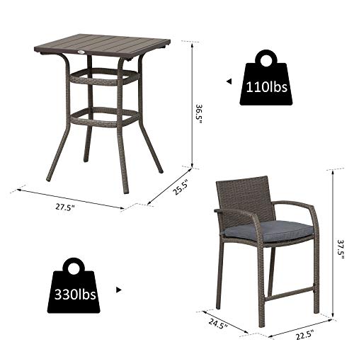Outsunny 3 Pcs Rattan Wicker Bar Set With Wood Grain Top Table And 2 Bar Stools For Outdoor, Patio, Poolside, Garden, Grey #TOP2