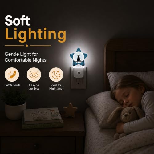 Image of Star Night Light with Dusk to Dawn Sensor, Starry Night Cat Plug in Night Light for Kids Bedroom Nursery, Soft Warm Glow Lamp for Hallway Bathroom Energy Saving