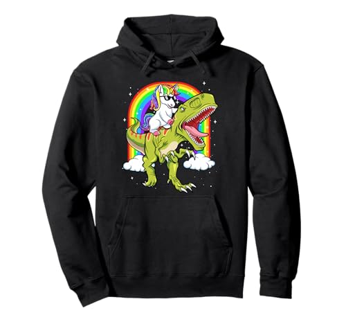 Rainbow Unicorn Riding T rex - Dinosaur Boys Girls Men Women Pullover Hoodie
