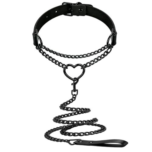 Aufordebatis Heart Black Chain Collar, Leather Collar Necklace Gothic Punk Body Chain Belt Jewelry Accessories for Halloween Cosplay (Black, 13-16 in)