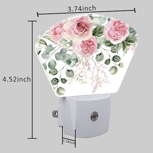 Image of Pink Flowers Plug in Night Lights, Eucalyptus Greenery Nightlight Plug Into Wall Dusk to Dawn Sensor for Kid Girls Boys Women Men Bedroom, Hallway, Kitchen, Bathroom, Stairs Decor