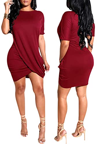 Yajedo Bodycon Short Sleeve Dresses For Women Tight Ruched Wrap Club Mini Dress #TOP3