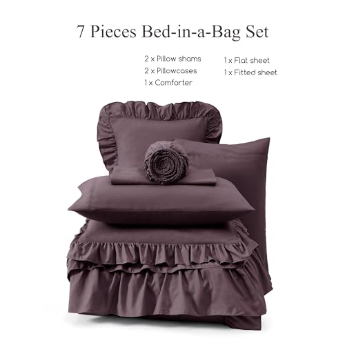 Image of King Size Comforter Set Dark Purple Ruffle 7 Pieces Farmhouse Bed in a Bag | Shabby Chic Fluffy All Season Bedding Sets with Sheets, Pillowcases & Shams
