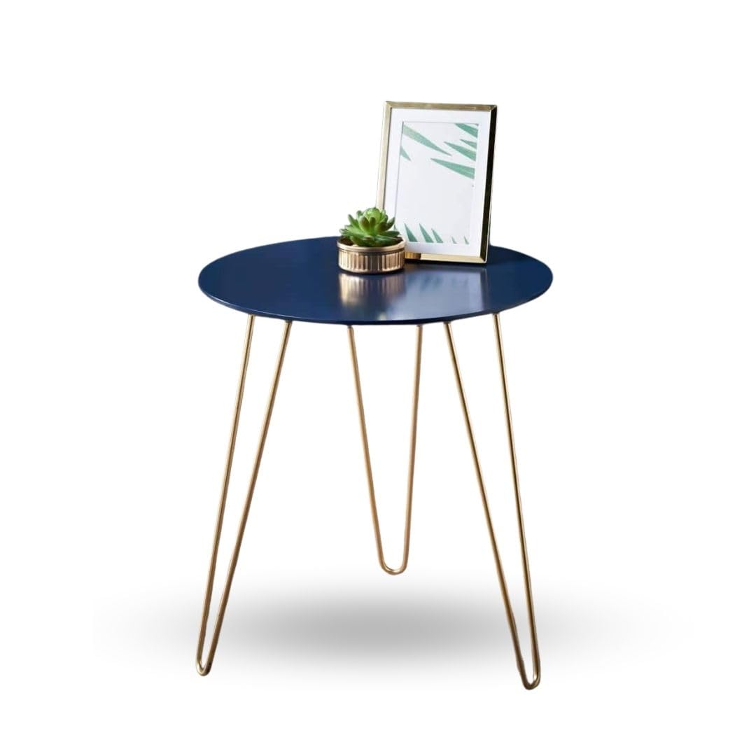 MEHRU Modern Round Side Table with Navy Blue Top & Style Gold Metal Legs, Bedside Sofa Side Table, Small Corner table, Drinks side table, Night stand tables for Home, Living Room, Office, Bedroom.