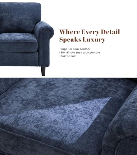 Image of Kingfun Loveseat 2 Seater Couch, Mid Century Modern Chenille Sofa with Rolled Arms and Deep Seats, Fluffy Comfort for Living Room, Apartment, Easy Assembly, Blue