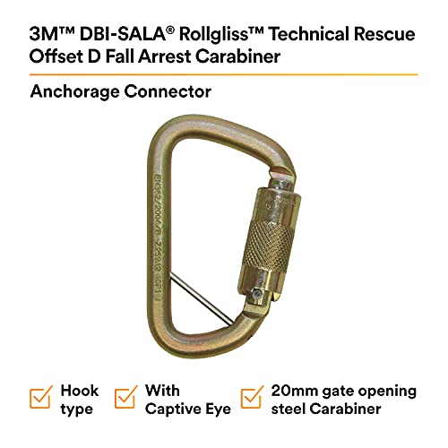 Image of 3M DBI-SALA Saflok 2000117 Carabiner, 11 /16 inch Gate Opening Steel, with Self Closing Locking Gate, Yellow-Zinc