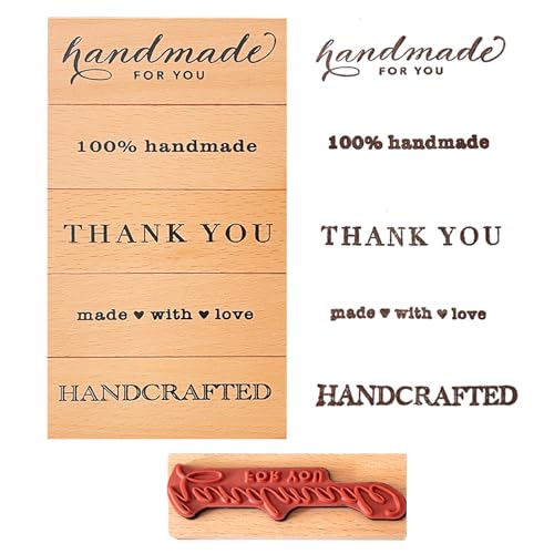 5 Pcs Handmade Sentiment Wood Stamp Set - for Gift Packaging: Thank You Handmade for You Made with Love Handcrafted - for DIY Crafts Journals Card Making Supplies(Edge Anti-Smudge Design)
