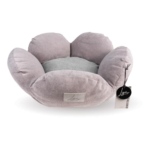 Ligo Fiore - Cuccia per gatti e cani di piccola taglia sfoderabile e lavabile. Cuscino materasso per cani in tessuto. REALIZZATA A MANO IN ITALIA (XS: Ø 60CM x 19 H, GRIGIO/ROSA)