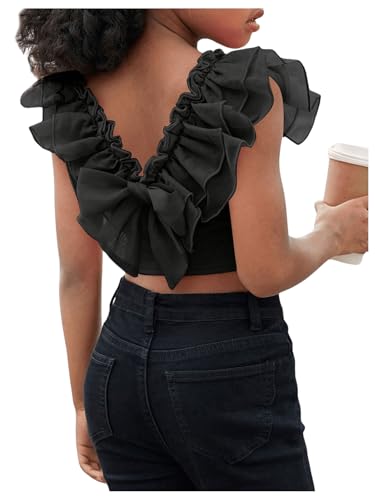 WDIRARA Girl's Ruffle Trim Bow Back Tiered Layer Square Neck Wide Strap Slim Fit Crop Cami Top