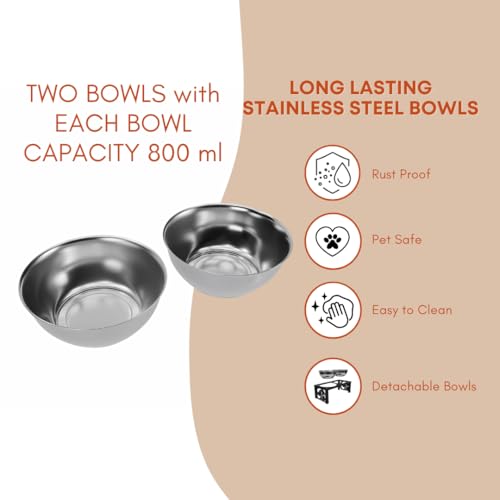 Image of COGO Frosty Pet Feeder| 2 Stainless Steel Bowls (800 ml Each) | Elevated Feeding Bowls for Medium & Large Dogs & Cats | 5.5 x 7.5 x 15 inch | Strong & Stable Metal Frame | Colour: Matt Black