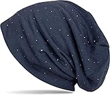styleBREAKER Damen Beanie Mütze mit edler Strass-Nieten Applikation, Longbeanie Slouch 04024037, Farbe:Midnight-Blue