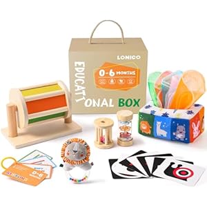 Juguetes Bebes 0 3 6 9 12 Meses, Juguetes Montessori de Madera con Tambor Giratorio & Caja Pañuelos & Tarjeta Estimulación Visual & Sonajeros Bebe & Espejo, Estimulacion Temprana Juguetes Sensoriales