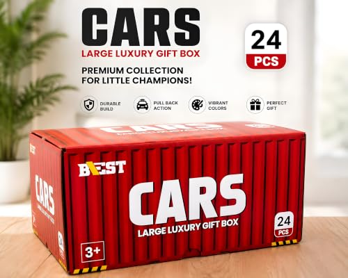 Image of Cable World 24 Pcs Die-Cast Metal Toy Cars for Kids with Car Storage Container & Thick Paper Parking Play Board, Pull Back Racing Cars, Large Luxury Gift Box, Toy Car Set for Kids