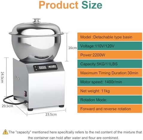 2200W Commercial Dough Mixer - Dual Rotating Electric Spiral Kneader with Timer & Food-Grade Stainless Steel Bowl, 1400rpm, Ideal for Bakery, Pizzeria, Restaurant - 5KG Capacity