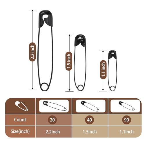 image for XKDOUS Safety Pins - 150 Pcs Assorted Sizes Black Pins Bulk - Small & 