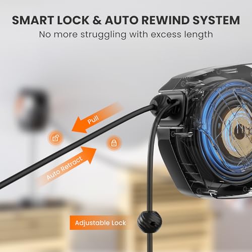 Image of Giraffe Tools Retractable Extension Cord Reel SJT, Heavy Duty Power Cord Reel Wall /Ceiling Mount for Garage with Lighted Triple Tap, 12 Gauge 50FT