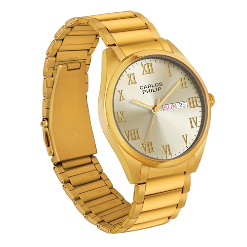 Image of Carlos Philip Men's Roman Numeral Analog Watch - Day and Date Display, Stainless Steel Strap, Quartz Movement, Business Style Watch for Men