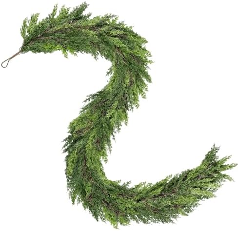 9 FT Christmas Cedar Garland, Thick Green Cypress Garlands, Real Touch Pine Garlands, Realistic Garland Christmas Decorations for Outdoor Indoor Table Mantel Railing Stair Porch Decor