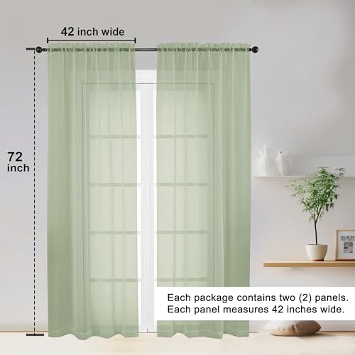 Image of OWENIE Sheer Curtains 72 Inches Long 2 Panels Set, Light Filtering Sheer Curtain Rod Pocket Clear Drapes for Living Room Bedroom Window Sliding Door, Each 42 x 72 Inch, Light Green