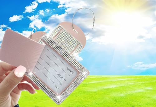 Pink Luggage Tags for Women's Suitcases Cute Bling Diamond Laether Travel Tags for Cruise and Travel Essentials-2 Packs2